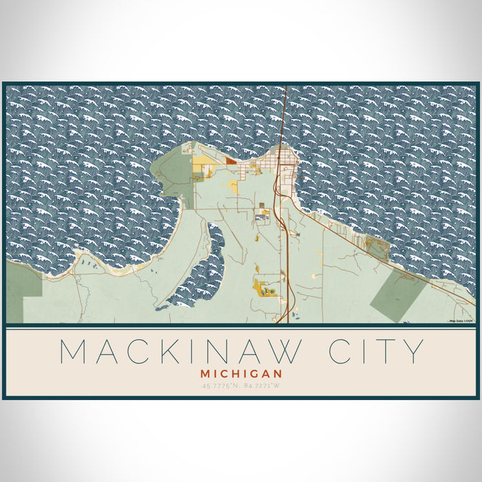 Mackinaw City Michigan Map Print Landscape Orientation in Woodblock Style With Shaded Background