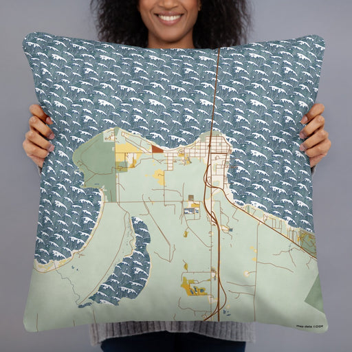 Person holding 22x22 Custom Mackinaw City Michigan Map Throw Pillow in Woodblock