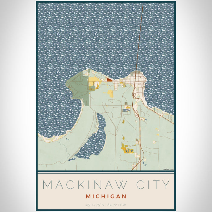Mackinaw City Michigan Map Print Portrait Orientation in Woodblock Style With Shaded Background
