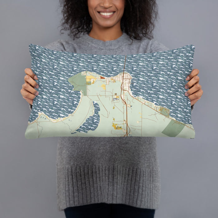 Person holding 20x12 Custom Mackinaw City Michigan Map Throw Pillow in Woodblock