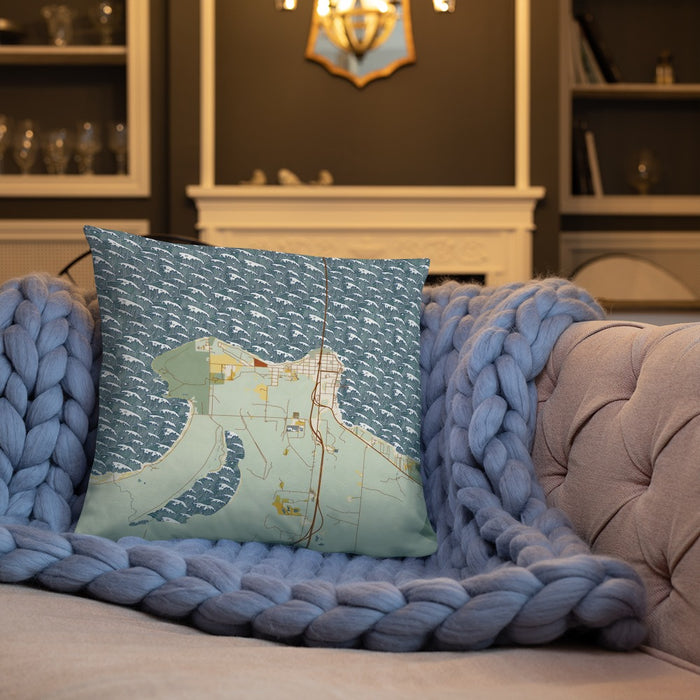 Custom Mackinaw City Michigan Map Throw Pillow in Woodblock on Cream Colored Couch