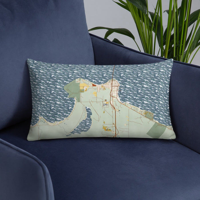Custom Mackinaw City Michigan Map Throw Pillow in Woodblock on Blue Colored Chair