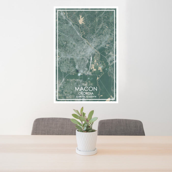 24x36 Macon Georgia Map Print Portrait Orientation in Afternoon Style Behind 2 Chairs Table and Potted Plant