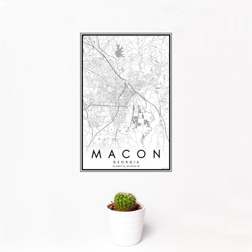 12x18 Macon Georgia Map Print Portrait Orientation in Classic Style With Small Cactus Plant in White Planter