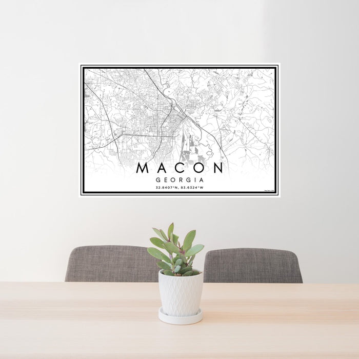 24x36 Macon Georgia Map Print Landscape Orientation in Classic Style Behind 2 Chairs Table and Potted Plant