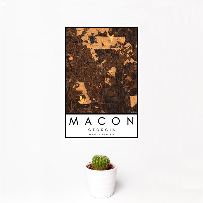 12x18 Macon Georgia Map Print Portrait Orientation in Ember Style With Small Cactus Plant in White Planter