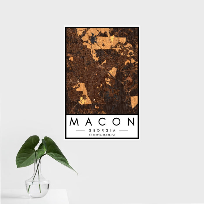 16x24 Macon Georgia Map Print Portrait Orientation in Ember Style With Tropical Plant Leaves in Water