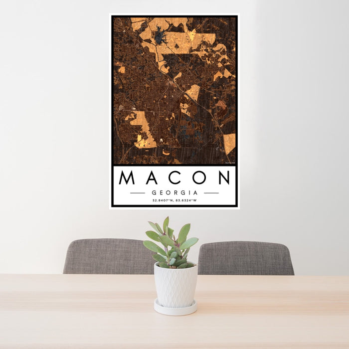 24x36 Macon Georgia Map Print Portrait Orientation in Ember Style Behind 2 Chairs Table and Potted Plant