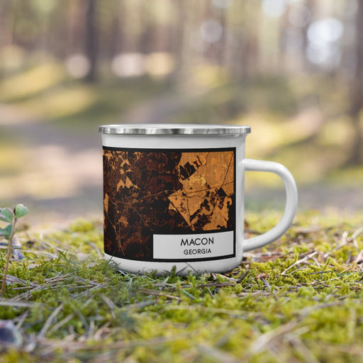 Right View Custom Macon Georgia Map Enamel Mug in Ember on Grass With Trees in Background