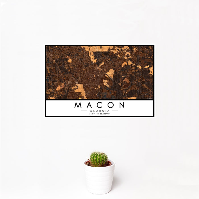 12x18 Macon Georgia Map Print Landscape Orientation in Ember Style With Small Cactus Plant in White Planter