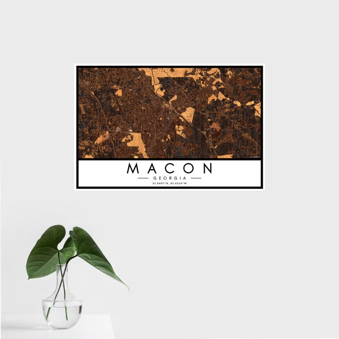 16x24 Macon Georgia Map Print Landscape Orientation in Ember Style With Tropical Plant Leaves in Water