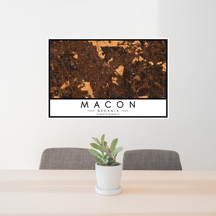 24x36 Macon Georgia Map Print Landscape Orientation in Ember Style Behind 2 Chairs Table and Potted Plant