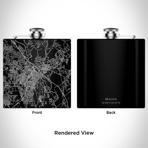 Rendered View of Macon Georgia Map Engraving on 6oz Stainless Steel Flask in Black