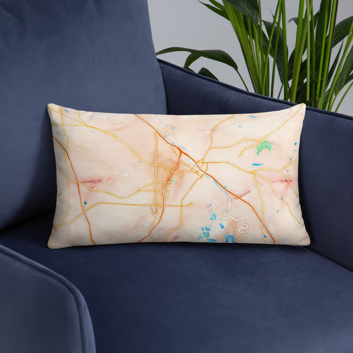 Custom Macon Georgia Map Throw Pillow in Watercolor on Blue Colored Chair