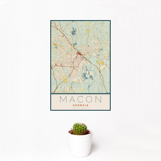 12x18 Macon Georgia Map Print Portrait Orientation in Woodblock Style With Small Cactus Plant in White Planter