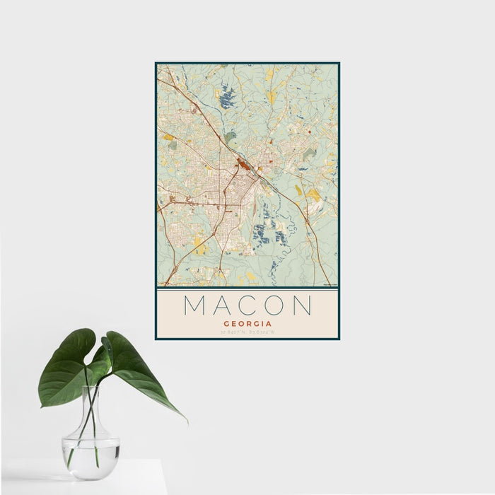 16x24 Macon Georgia Map Print Portrait Orientation in Woodblock Style With Tropical Plant Leaves in Water
