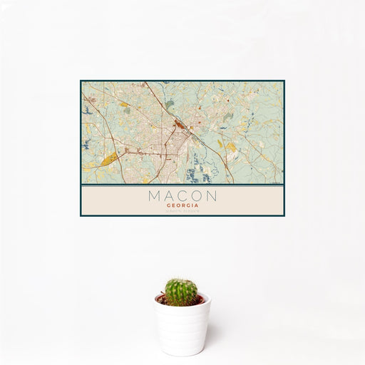 12x18 Macon Georgia Map Print Landscape Orientation in Woodblock Style With Small Cactus Plant in White Planter