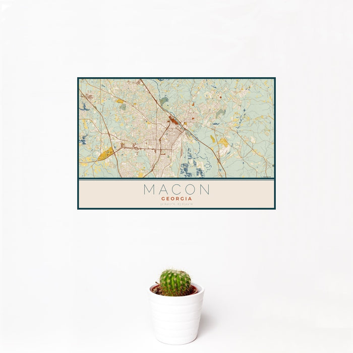 12x18 Macon Georgia Map Print Landscape Orientation in Woodblock Style With Small Cactus Plant in White Planter