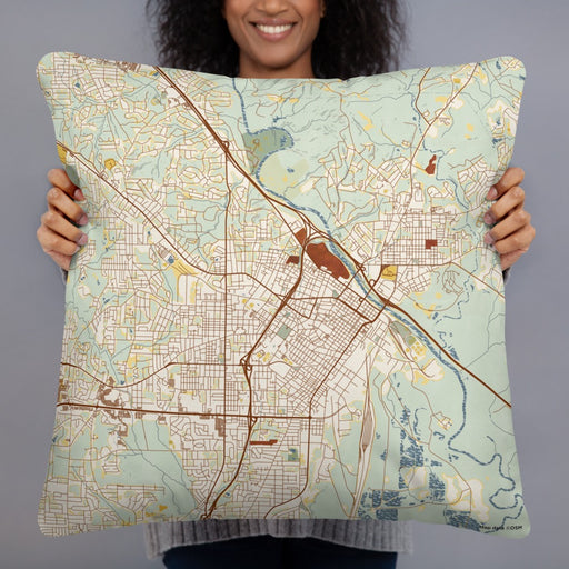 Person holding 22x22 Custom Macon Georgia Map Throw Pillow in Woodblock