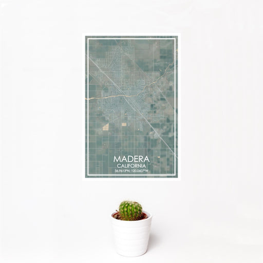 12x18 Madera California Map Print Portrait Orientation in Afternoon Style With Small Cactus Plant in White Planter