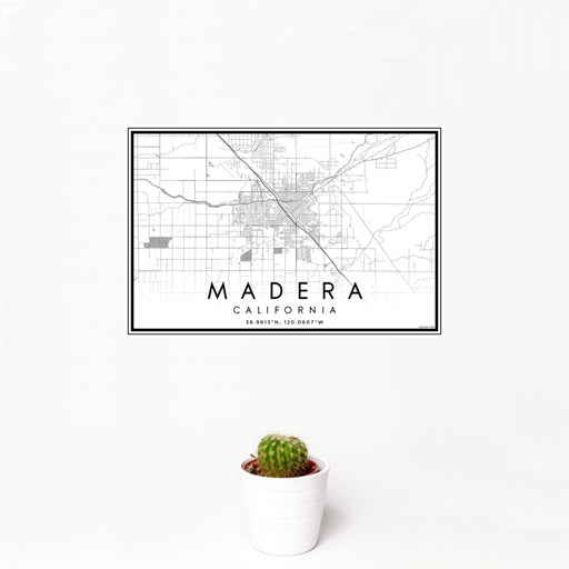 12x18 Madera California Map Print Landscape Orientation in Classic Style With Small Cactus Plant in White Planter