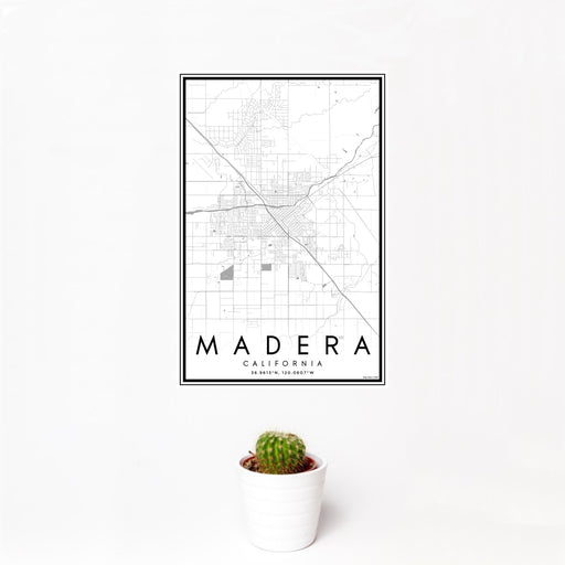 12x18 Madera California Map Print Portrait Orientation in Classic Style With Small Cactus Plant in White Planter