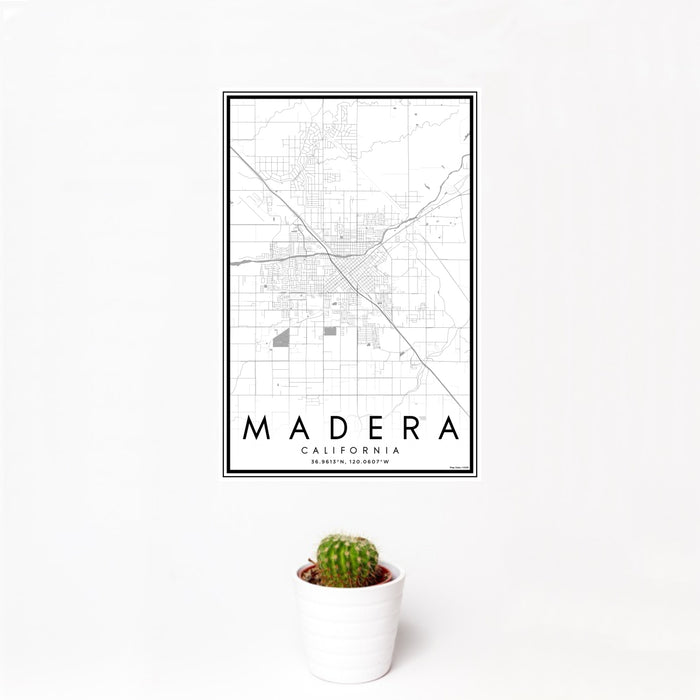 12x18 Madera California Map Print Portrait Orientation in Classic Style With Small Cactus Plant in White Planter