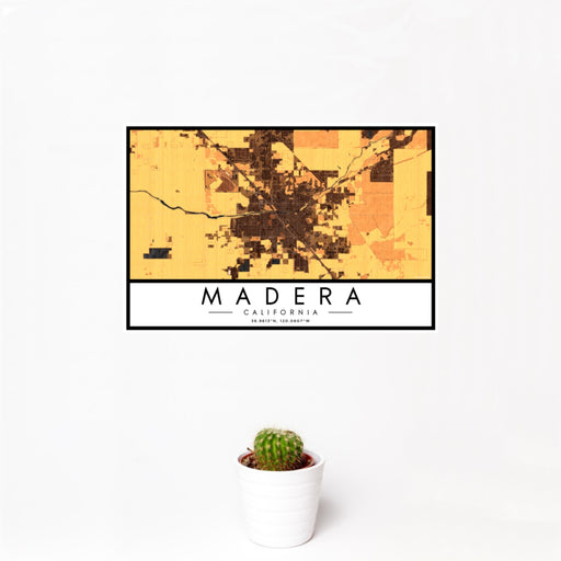 12x18 Madera California Map Print Landscape Orientation in Ember Style With Small Cactus Plant in White Planter