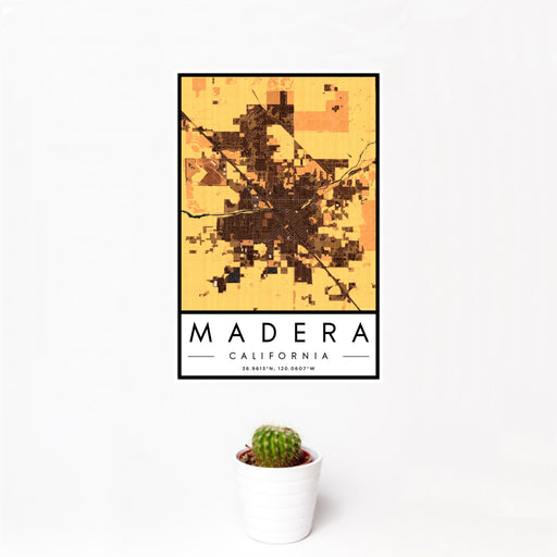 12x18 Madera California Map Print Portrait Orientation in Ember Style With Small Cactus Plant in White Planter