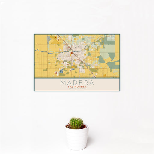 12x18 Madera California Map Print Landscape Orientation in Woodblock Style With Small Cactus Plant in White Planter