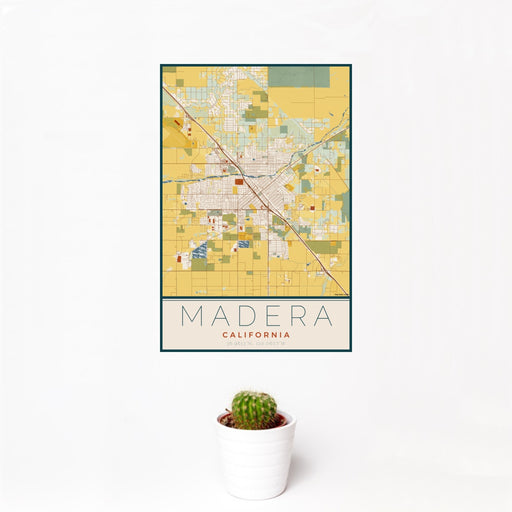 12x18 Madera California Map Print Portrait Orientation in Woodblock Style With Small Cactus Plant in White Planter