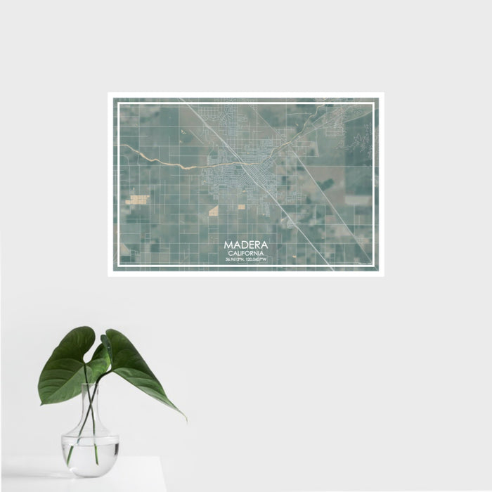 16x24 Madera California Map Print Landscape Orientation in Afternoon Style With Tropical Plant Leaves in Water