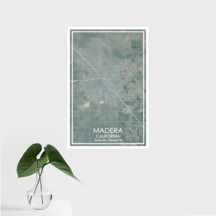 16x24 Madera California Map Print Portrait Orientation in Afternoon Style With Tropical Plant Leaves in Water