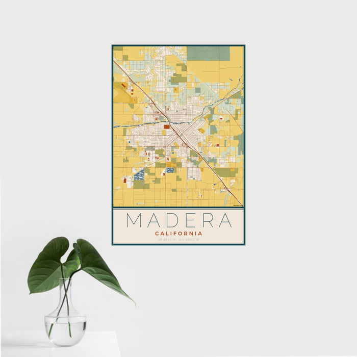16x24 Madera California Map Print Portrait Orientation in Woodblock Style With Tropical Plant Leaves in Water