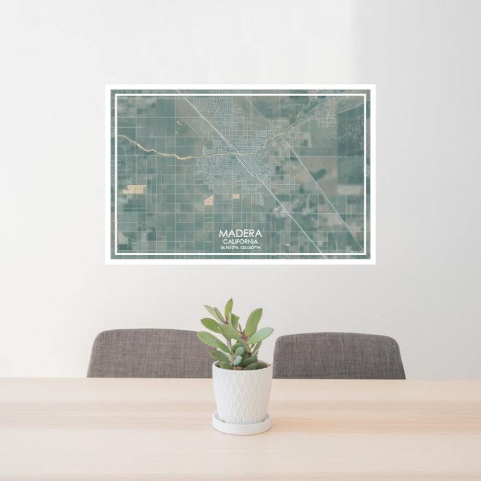 24x36 Madera California Map Print Lanscape Orientation in Afternoon Style Behind 2 Chairs Table and Potted Plant