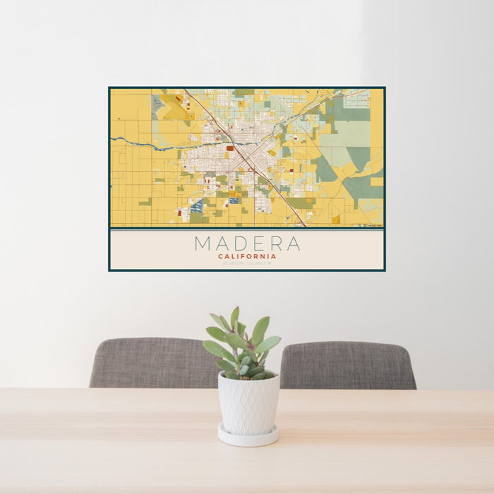 24x36 Madera California Map Print Lanscape Orientation in Woodblock Style Behind 2 Chairs Table and Potted Plant