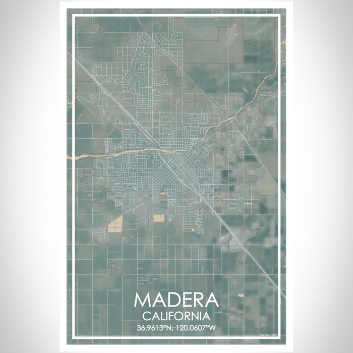 Madera California Map Print Portrait Orientation in Afternoon Style With Shaded Background