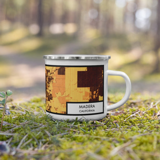 Right View Custom Madera California Map Enamel Mug in Ember on Grass With Trees in Background