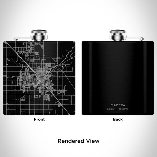 Rendered View of Madera California Map Engraving on 6oz Stainless Steel Flask in Black