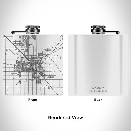Rendered View of Madera California Map Engraving on 6oz Stainless Steel Flask in White