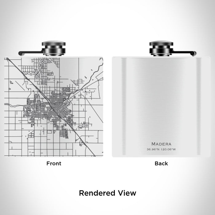 Rendered View of Madera California Map Engraving on 6oz Stainless Steel Flask in White
