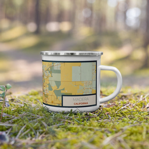 Right View Custom Madera California Map Enamel Mug in Woodblock on Grass With Trees in Background