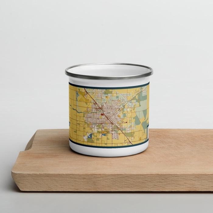 Front View Custom Madera California Map Enamel Mug in Woodblock on Cutting Board