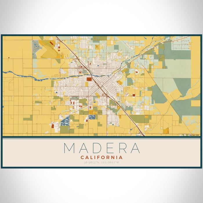 Madera California Map Print Landscape Orientation in Woodblock Style With Shaded Background
