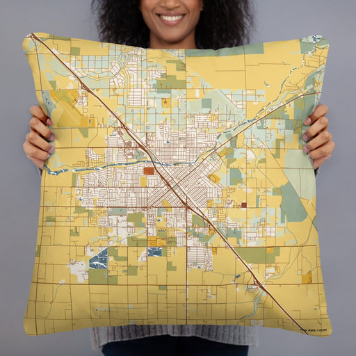 Person holding 22x22 Custom Madera California Map Throw Pillow in Woodblock