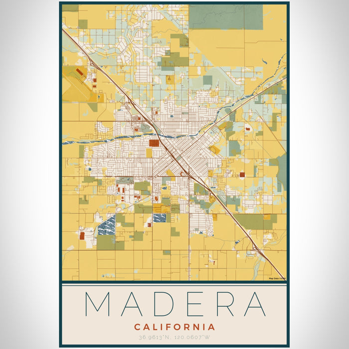 Madera California Map Print Portrait Orientation in Woodblock Style With Shaded Background
