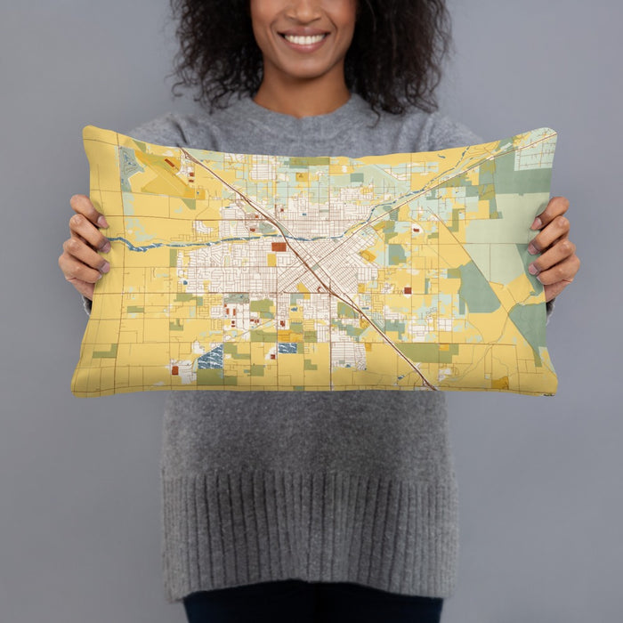 Person holding 20x12 Custom Madera California Map Throw Pillow in Woodblock