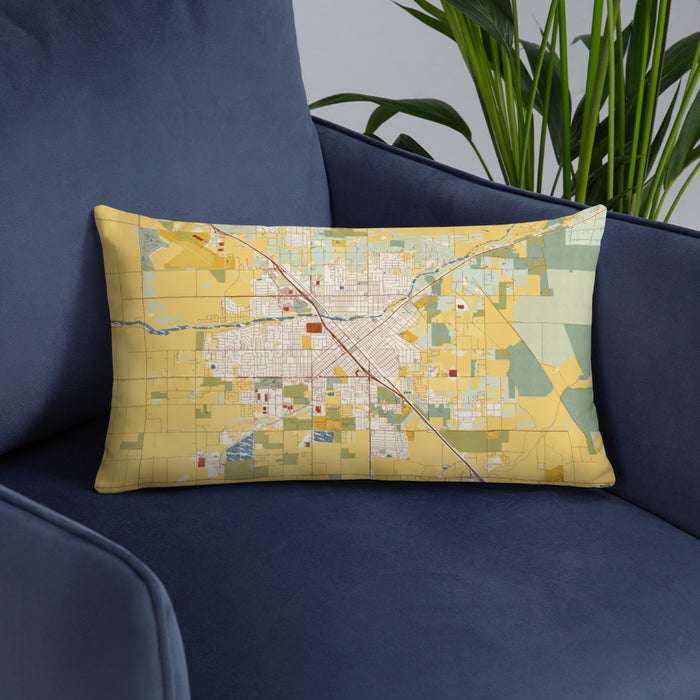 Custom Madera California Map Throw Pillow in Woodblock on Blue Colored Chair