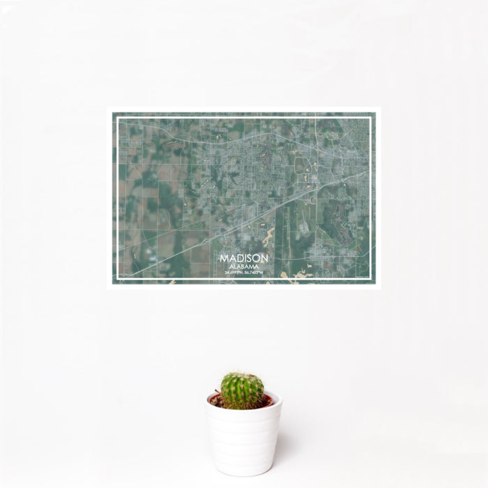 12x18 Madison Alabama Map Print Landscape Orientation in Afternoon Style With Small Cactus Plant in White Planter