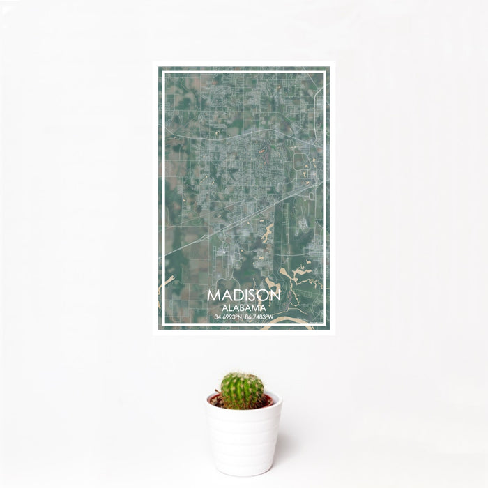 12x18 Madison Alabama Map Print Portrait Orientation in Afternoon Style With Small Cactus Plant in White Planter